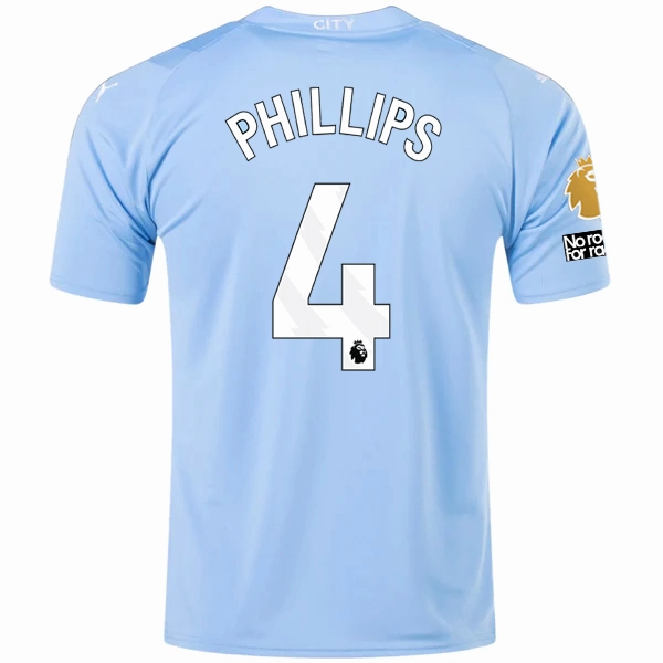 Puma Manchester City Kalvin Phillips Home Jersey w/ EPL   No Room For Racism   Club World Cup Patches 23/24 (Team Light Blue/Puma White) Sweat Management Technology