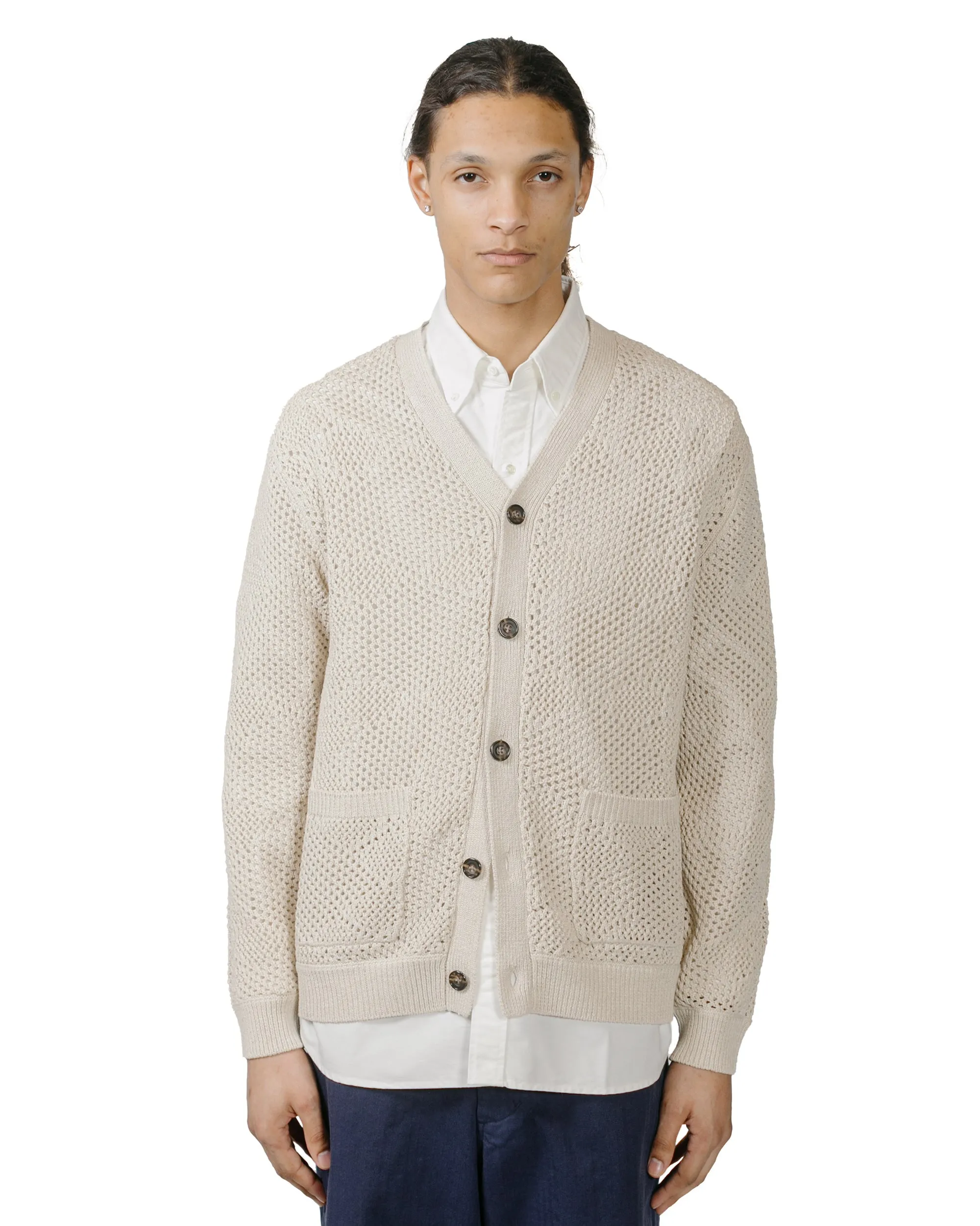 Beams Plus Cardigan Argyle Mesh Beige Backpacking Essential