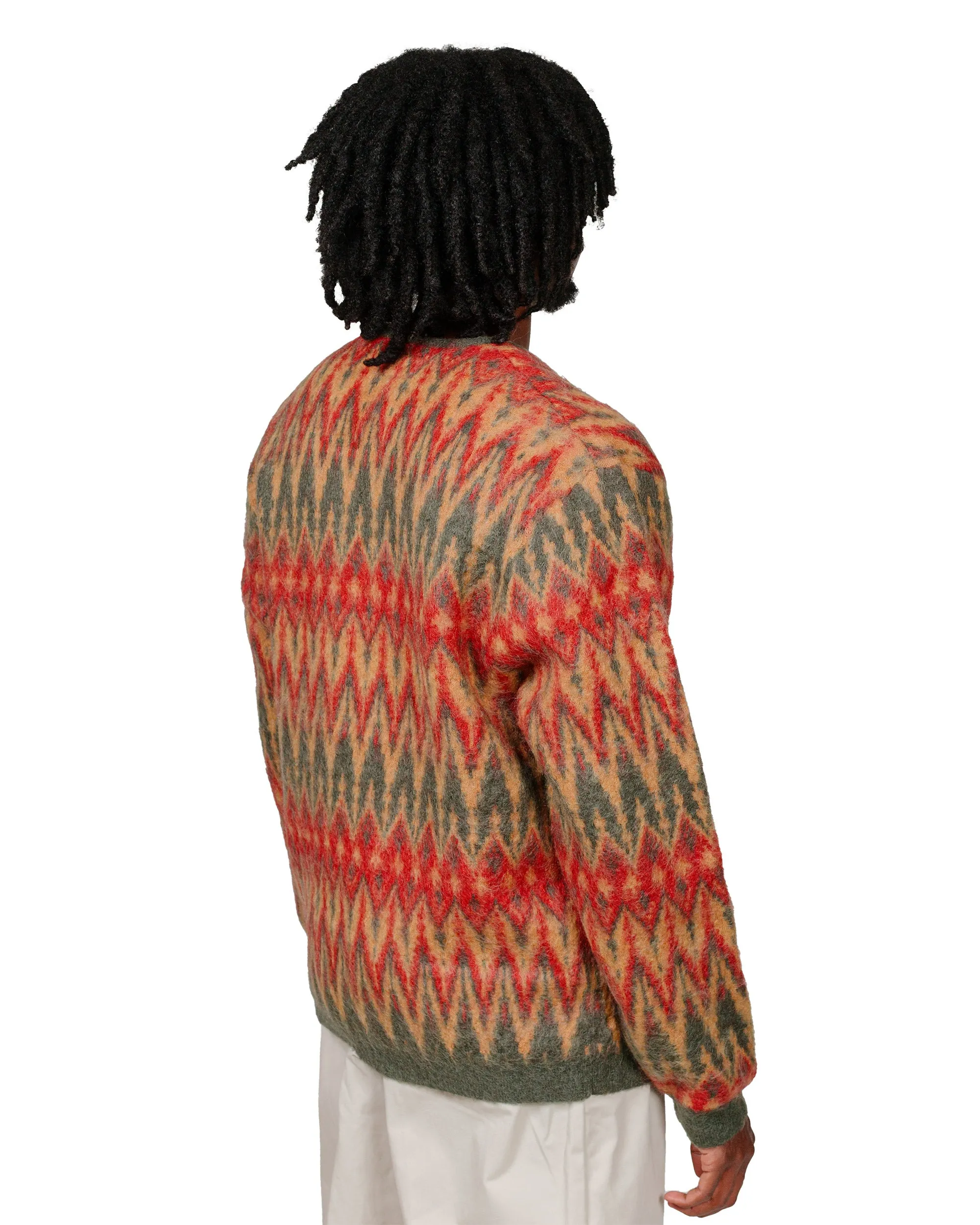 Trendy Fashion Beams Plus Cardigan Double Jacquard Chevron Pattern Green