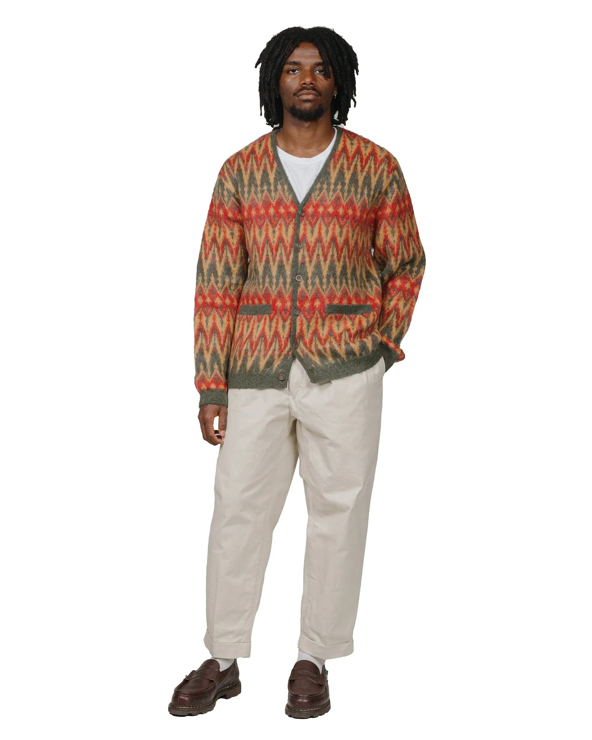 Beams Plus Cardigan Double Jacquard Chevron Pattern Green good for yoga