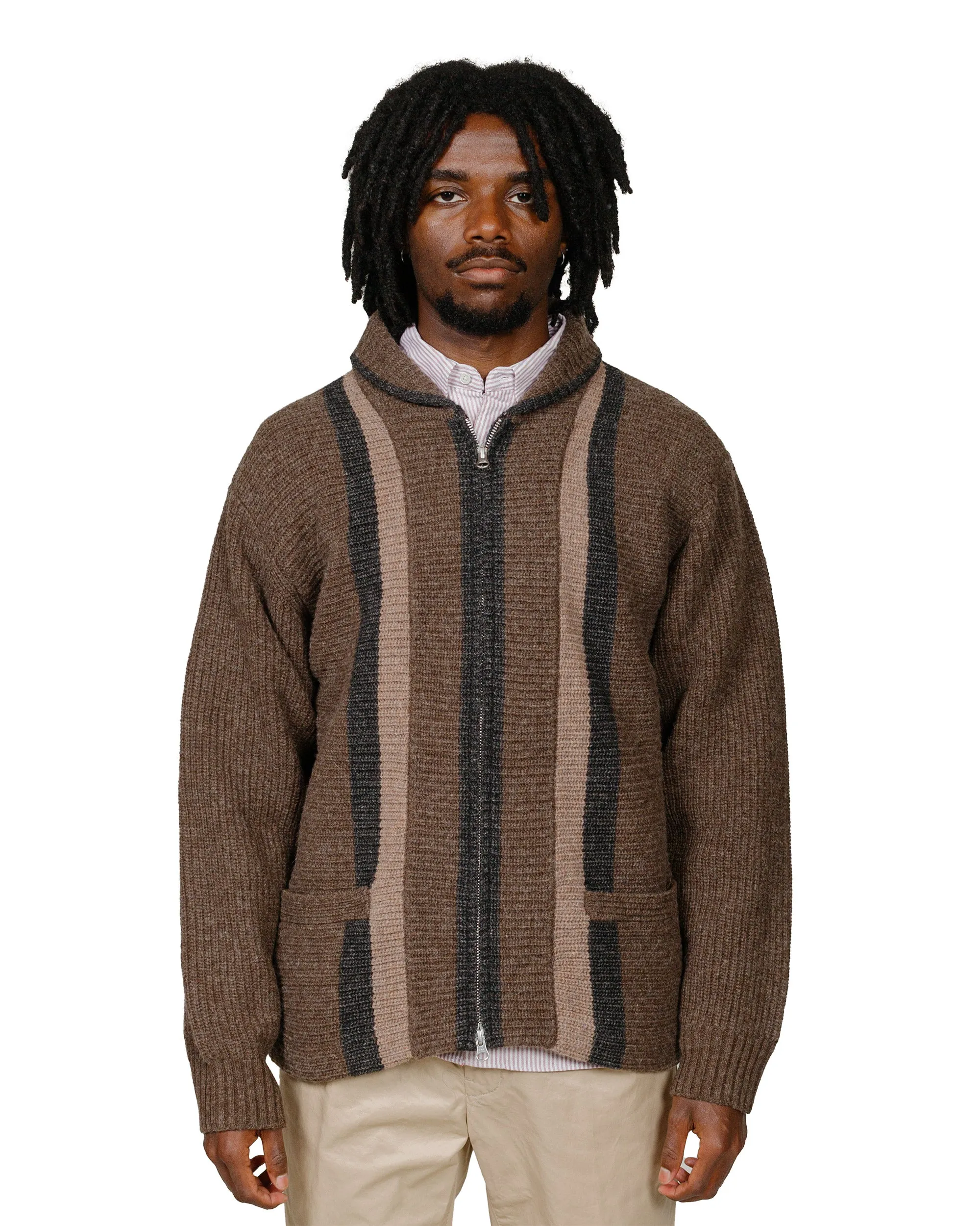 Daily Active Beams Plus Full Zip Shawl Collar Knit Brown