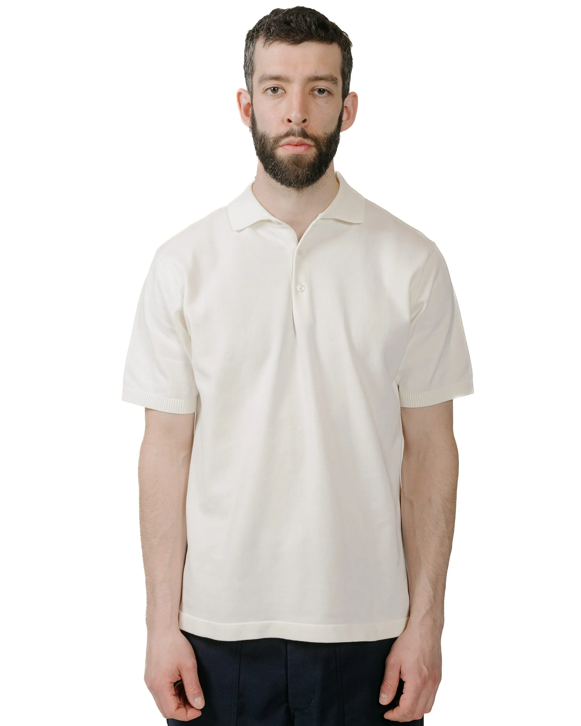 Beams Plus Knit Polo Solid 12G White Urban Chic