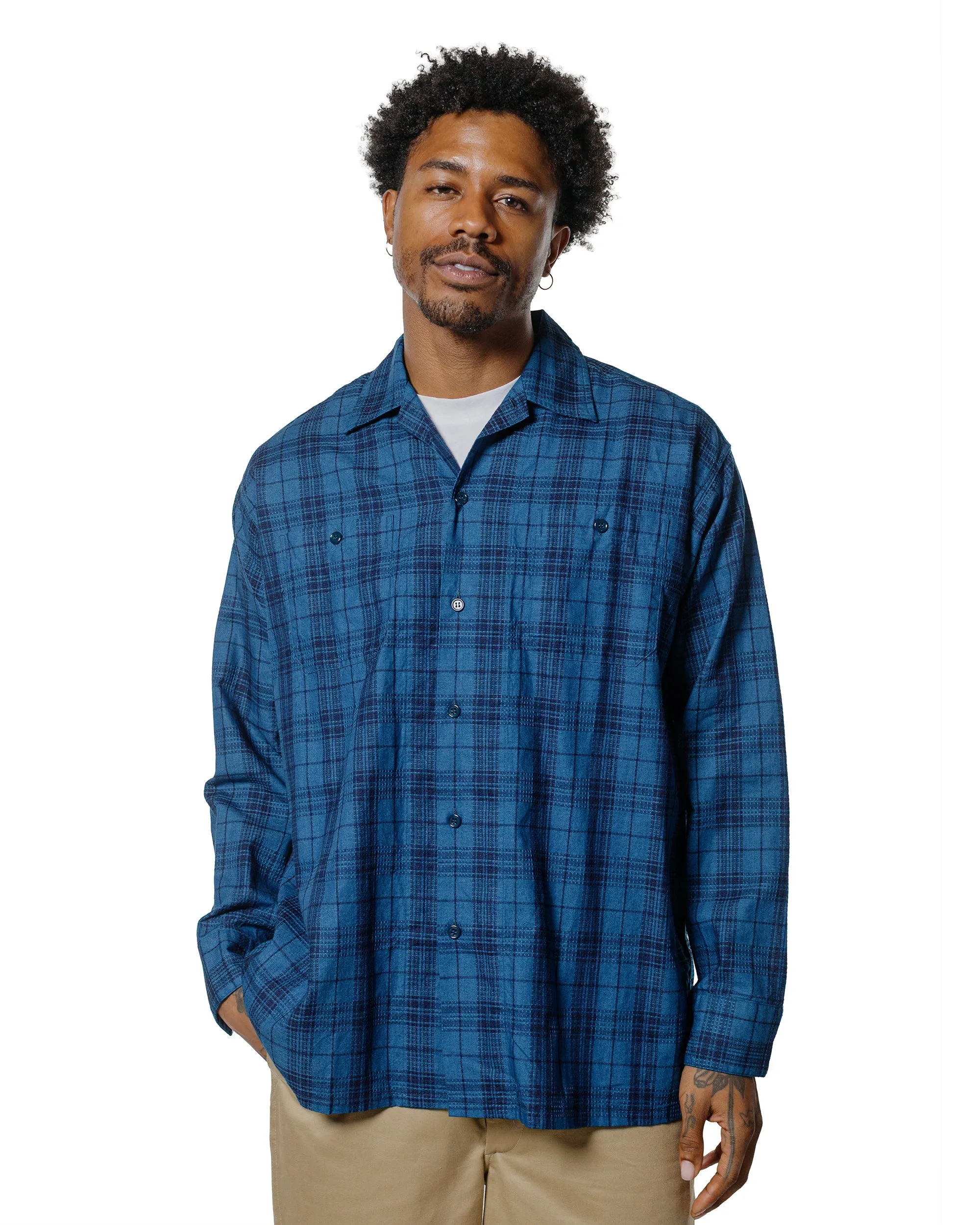 Beams Plus MIL Open Collar Indigo Dobby Plaid Wide Plaid All Day Comfort Tech Business Meeting