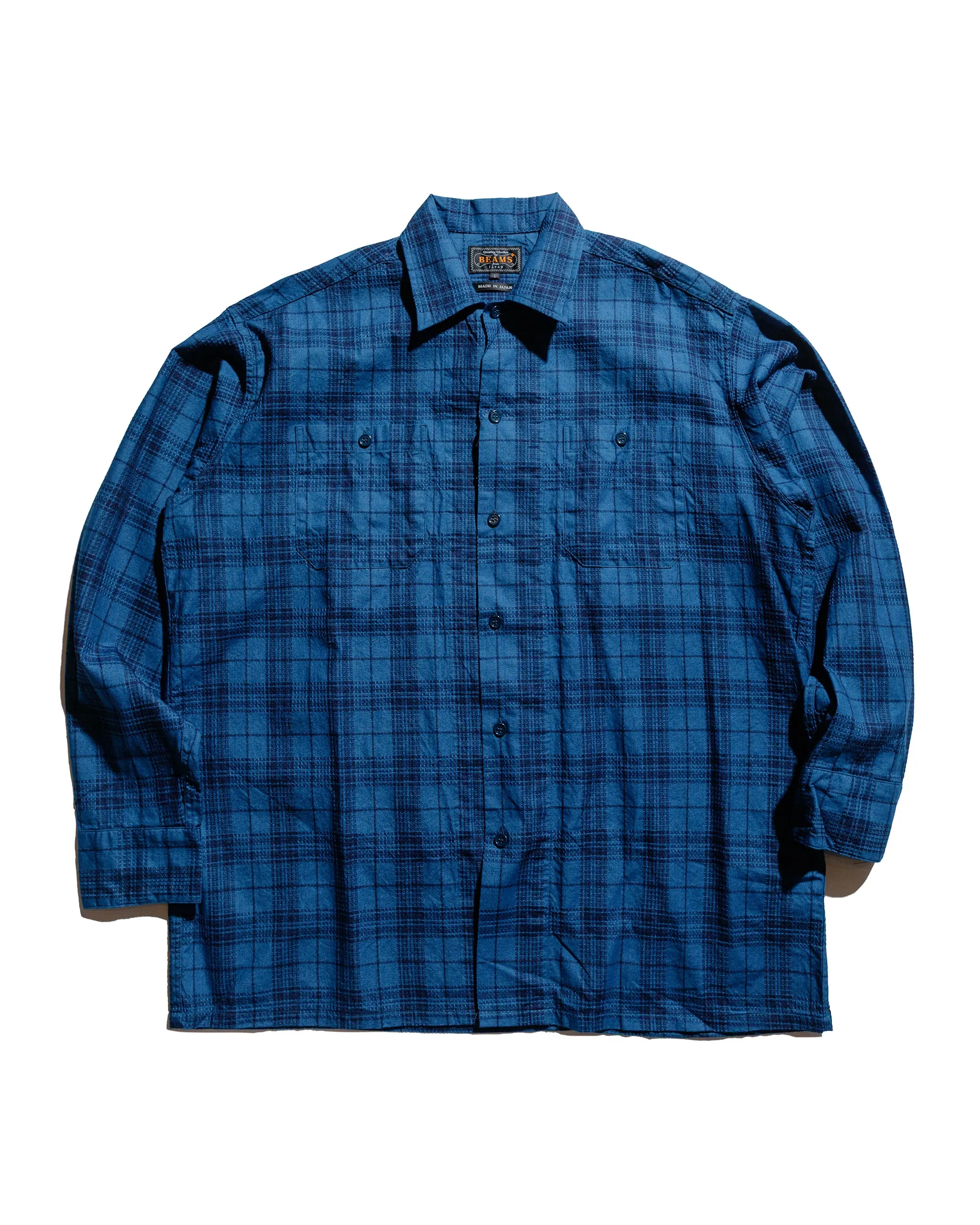 Beams Plus MIL Open Collar Indigo Dobby Plaid Wide Plaid Beach Attire Compact Fold Design