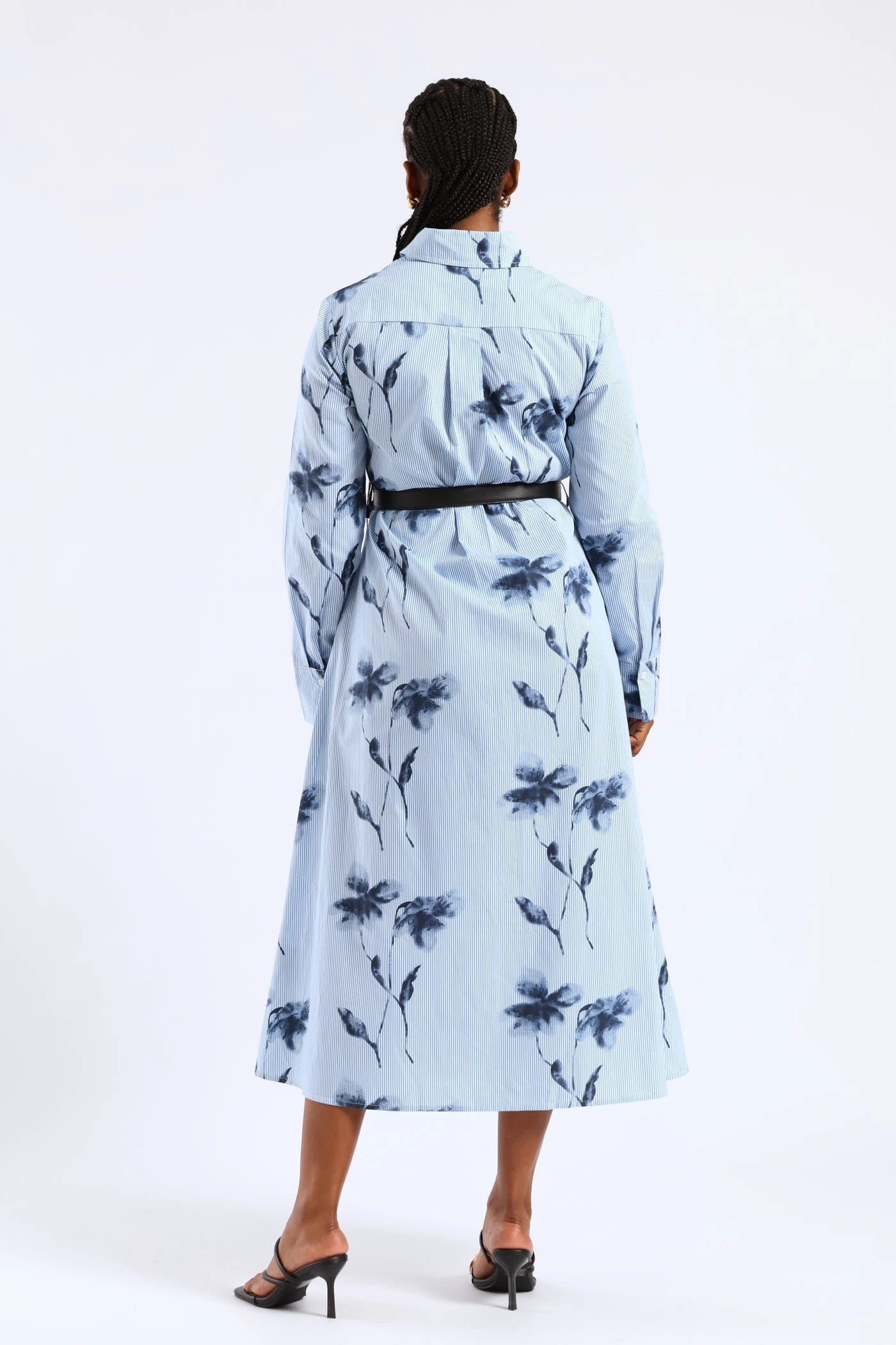 Belted Striped Floral Maxi Shirt Dress - Blue Calm Outfit