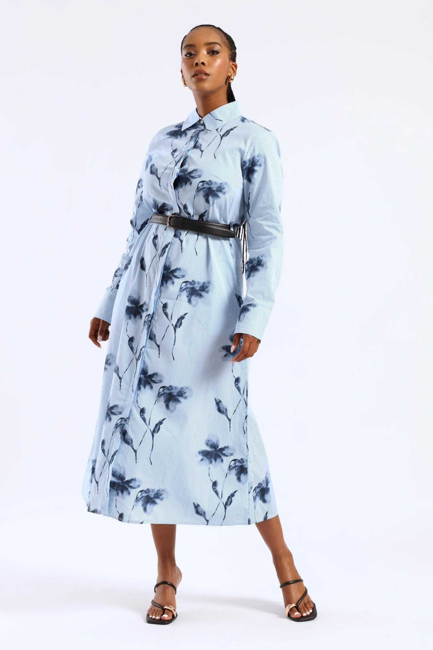 Belted Striped Floral Maxi Shirt Dress - Blue Natural Form Soft Glide