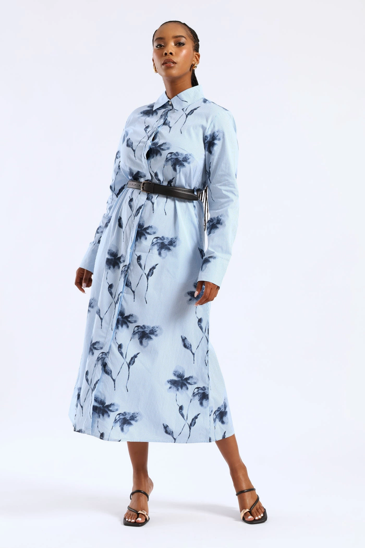 Professional Look Maternity-Fit Belted Striped Floral Maxi Shirt Dress - Blue