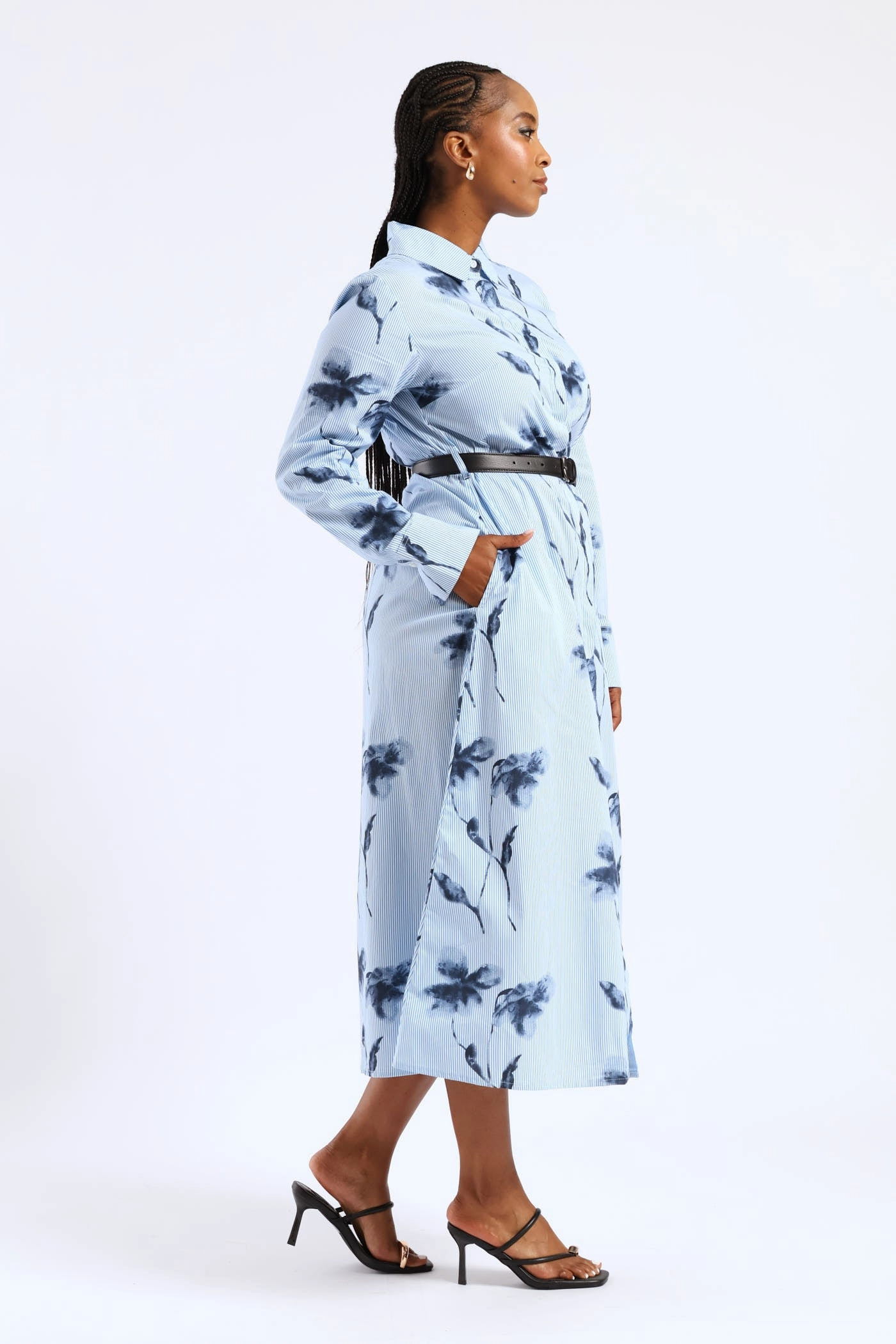 Daywear Fit flowy style Belted Striped Floral Maxi Shirt Dress - Blue