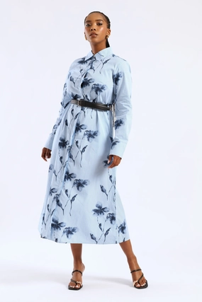 Belted Striped Floral Maxi Shirt Dress - Blue Natural Form Soft Glide