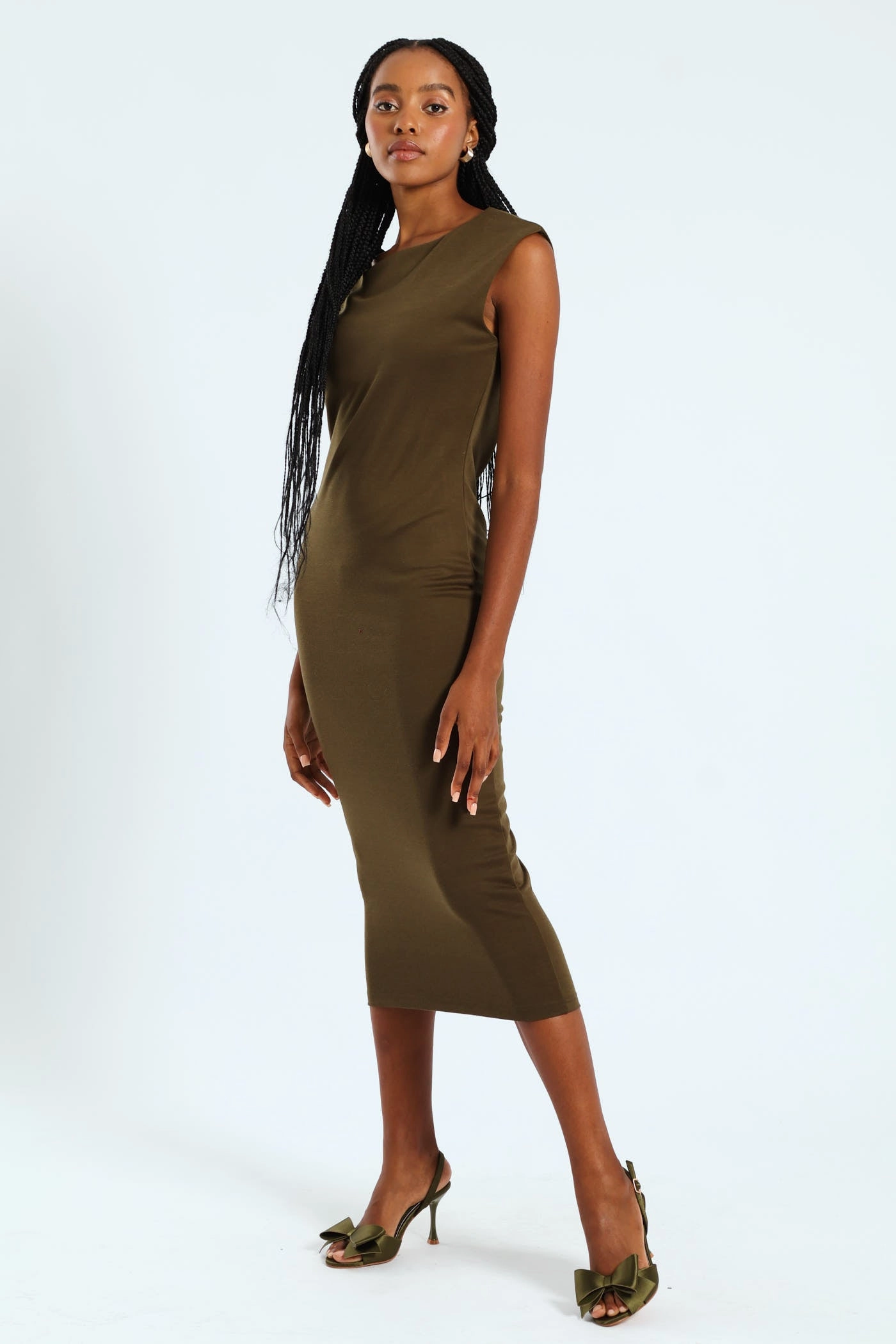 Boatneck Column Midaxi Dress - Fatigue Classic Cut Long Sleeve