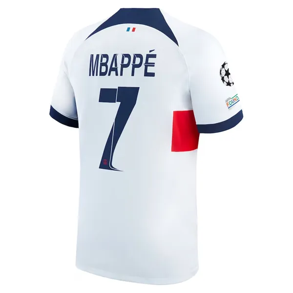 Nike Paris Saint-Germain Kylian Mbapp?? Away Jersey w/ Champions League Patches 23/24 (White/Midnight Navy) Wicking Performance Fabric Soft Inner Lining