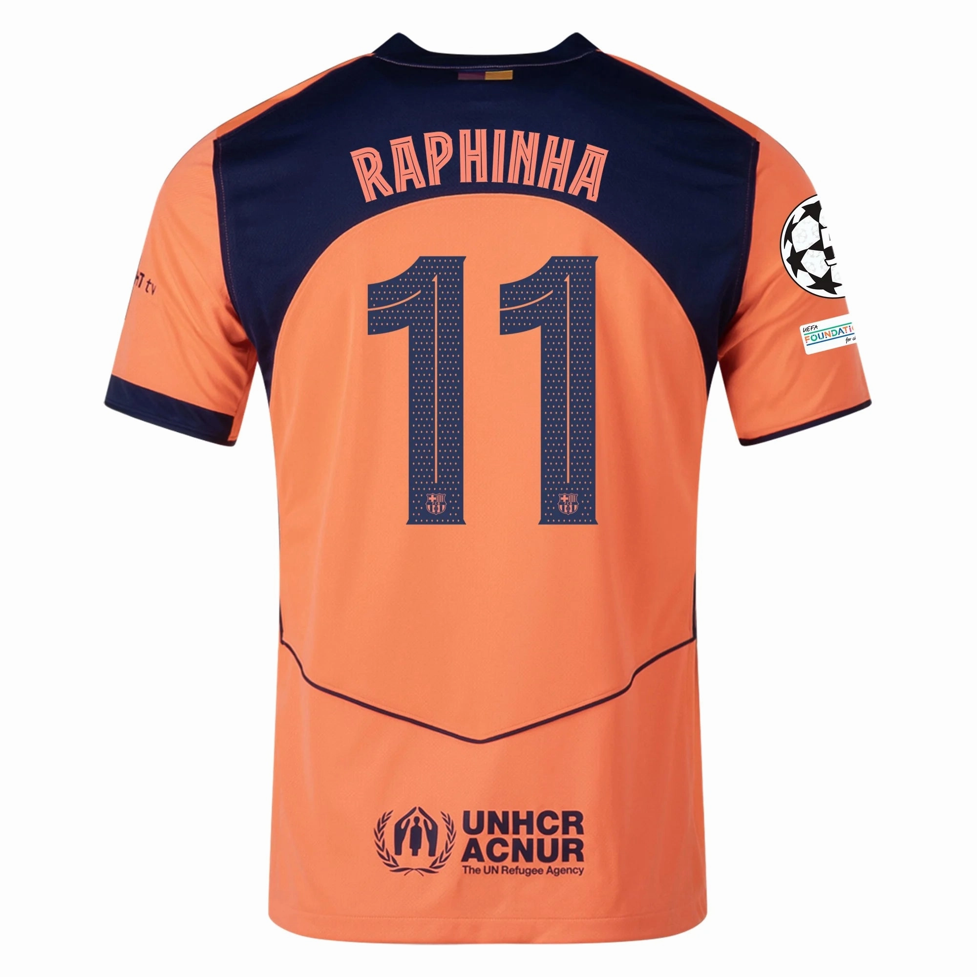 Outdoor Essentials Nike Raphinha Men's FC Barcelona T90 Third Jersey 25/26 w/ Champions League Patches (Mango/Navy)