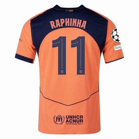 Outdoor Essentials Nike Raphinha Men's FC Barcelona T90 Third Jersey 25/26 w/ Champions League Patches (Mango/Navy)