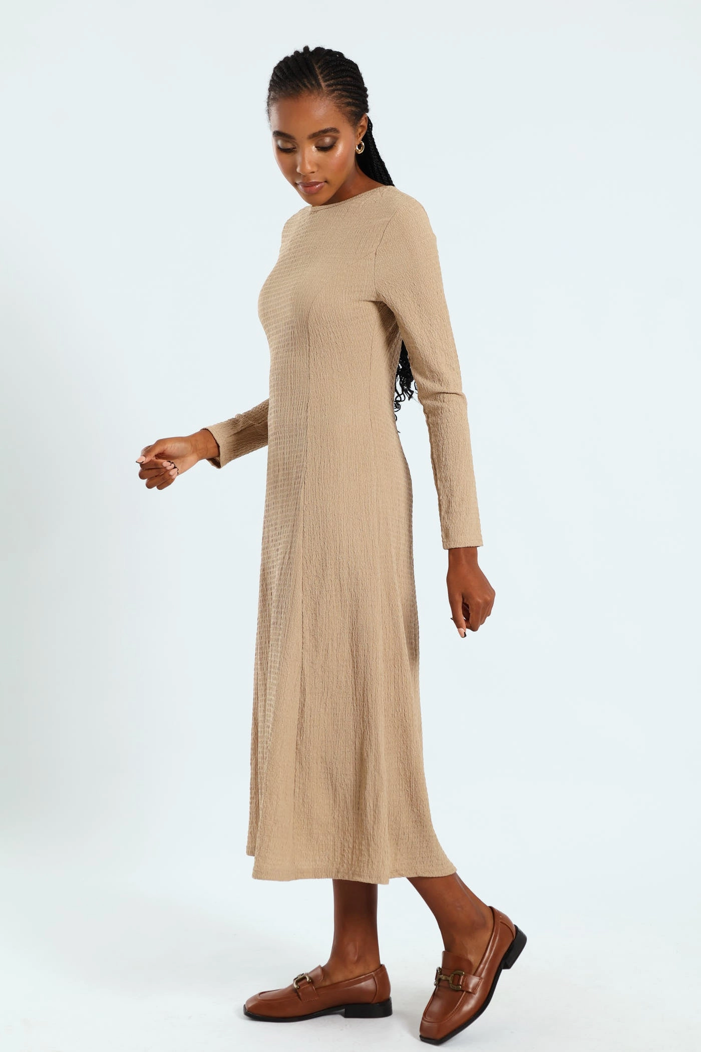Raglan-Sleeve Modest Cut Fit & Flare Panelled Knit Midi Dress - Dark Beige