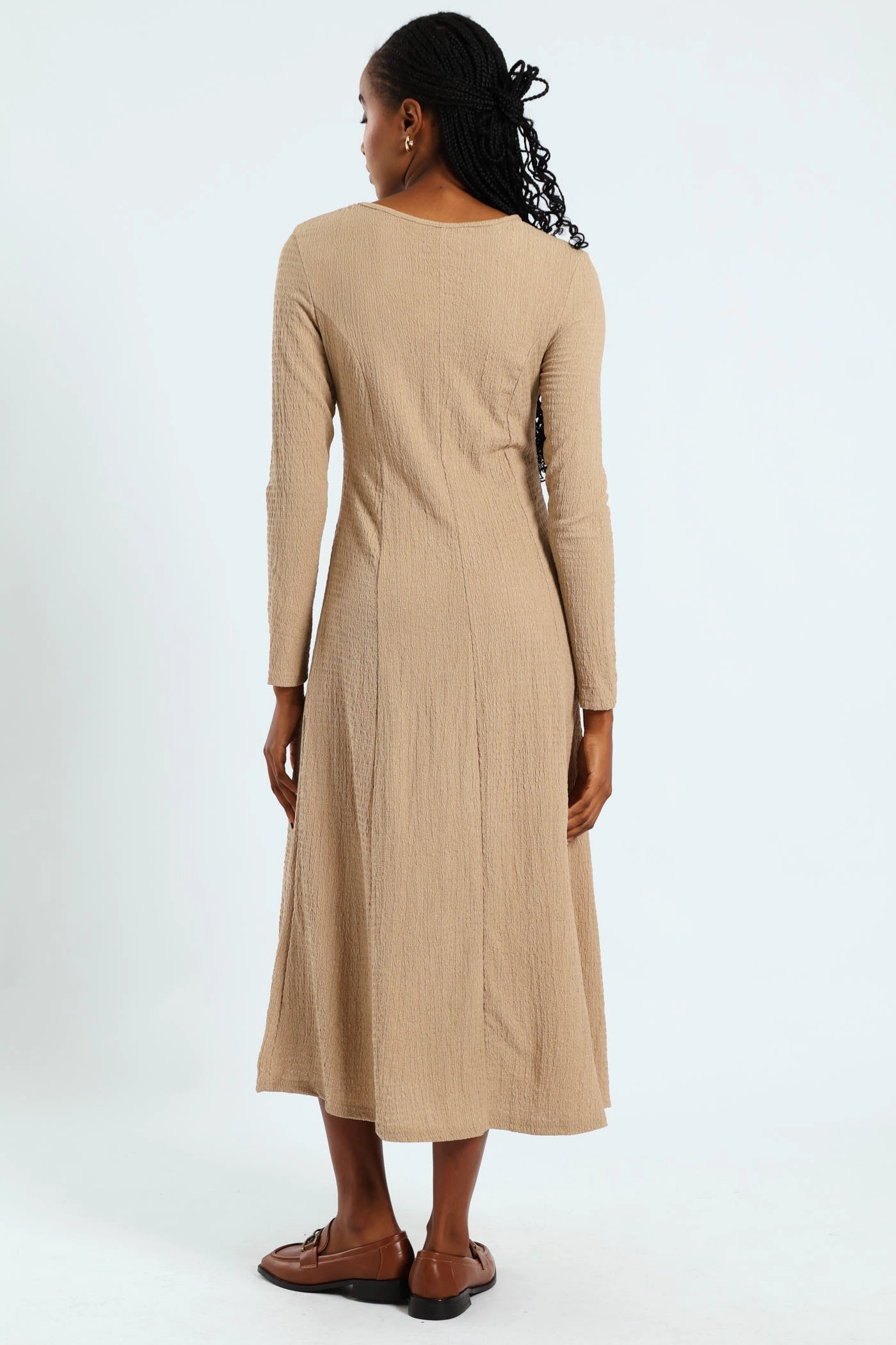High-Fashion Stylish Layering Fit & Flare Panelled Knit Midi Dress - Dark Beige