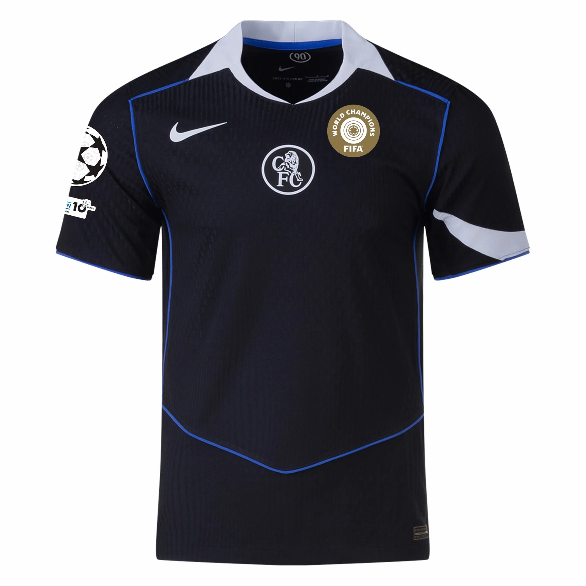 Non Restrictive Cuffs Comfort Driven Nike Colwill Chelsea T90 Authentic Third Jersey w/ Champions League & World Champions Patch 25/26 (Black/Silver)