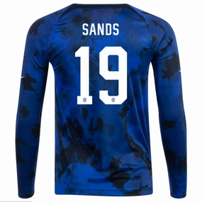 Recycled Polyester Blend Wind Resistant Outer Layer Nike United States James Sands Long Sleeve Away Jersey 22/23 (Bright Blue/White)