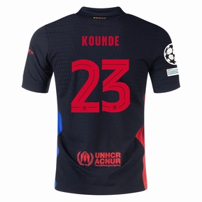Lightweight Layering Lightweight Gear Nike Barcelona Authentic Jules Kounde Away Jersey w/ Champions League Patches 24/25 (Black/University Red/Hyper Royal)