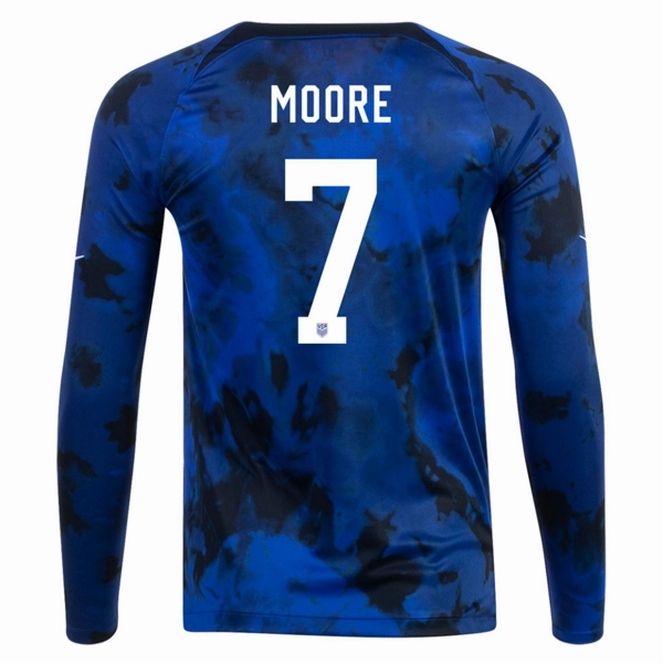 Speed Focus Wicking Interior Layer Nike United States Shaq Moore Long Sleeve Away Jersey 22/23 (Bright Blue/White)