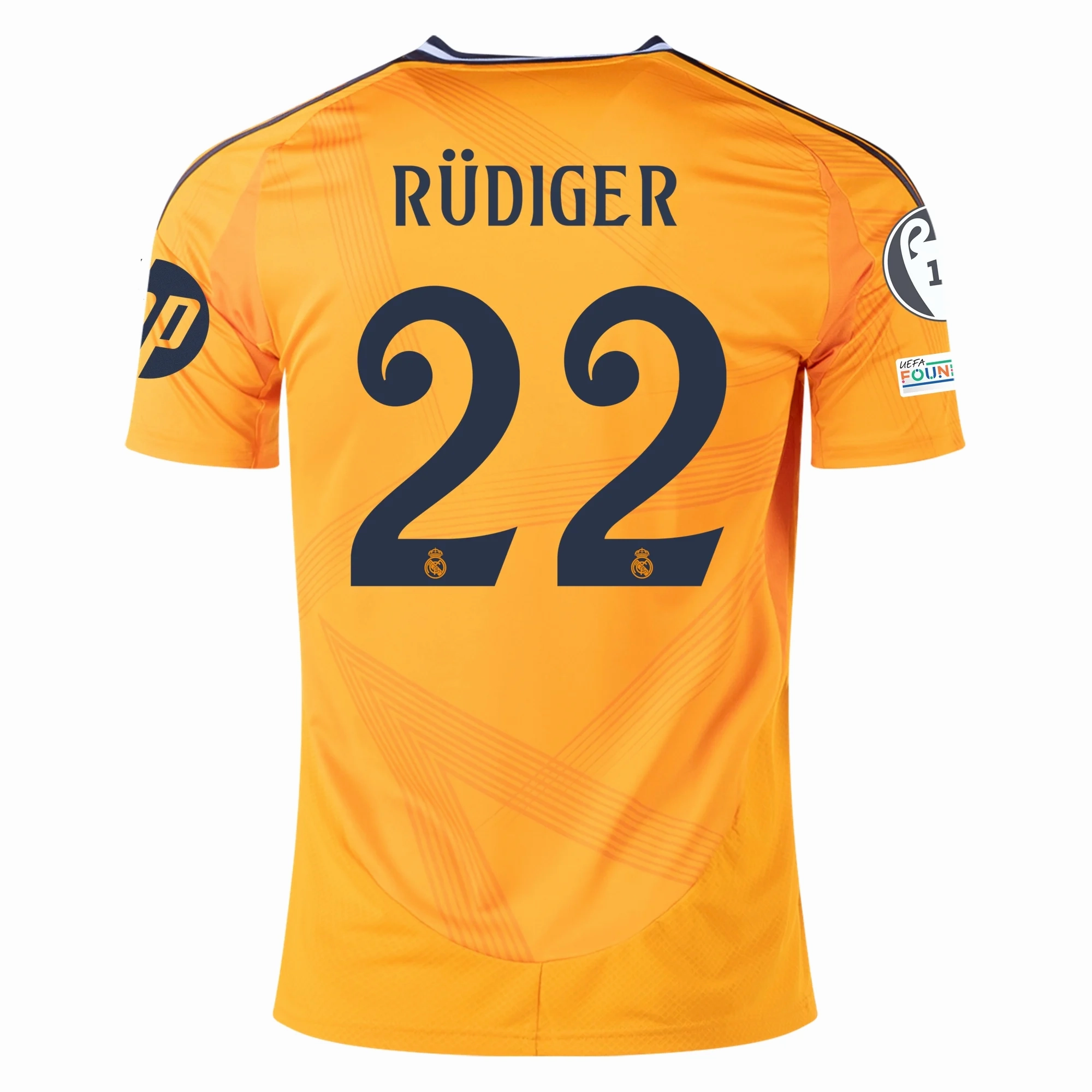 adidas Real Madrid Antonio Rudiger Away Jersey w/ Champions League Patches 24/25 (Crew Orange) Sweat Zone Four Way Stretch Fabric