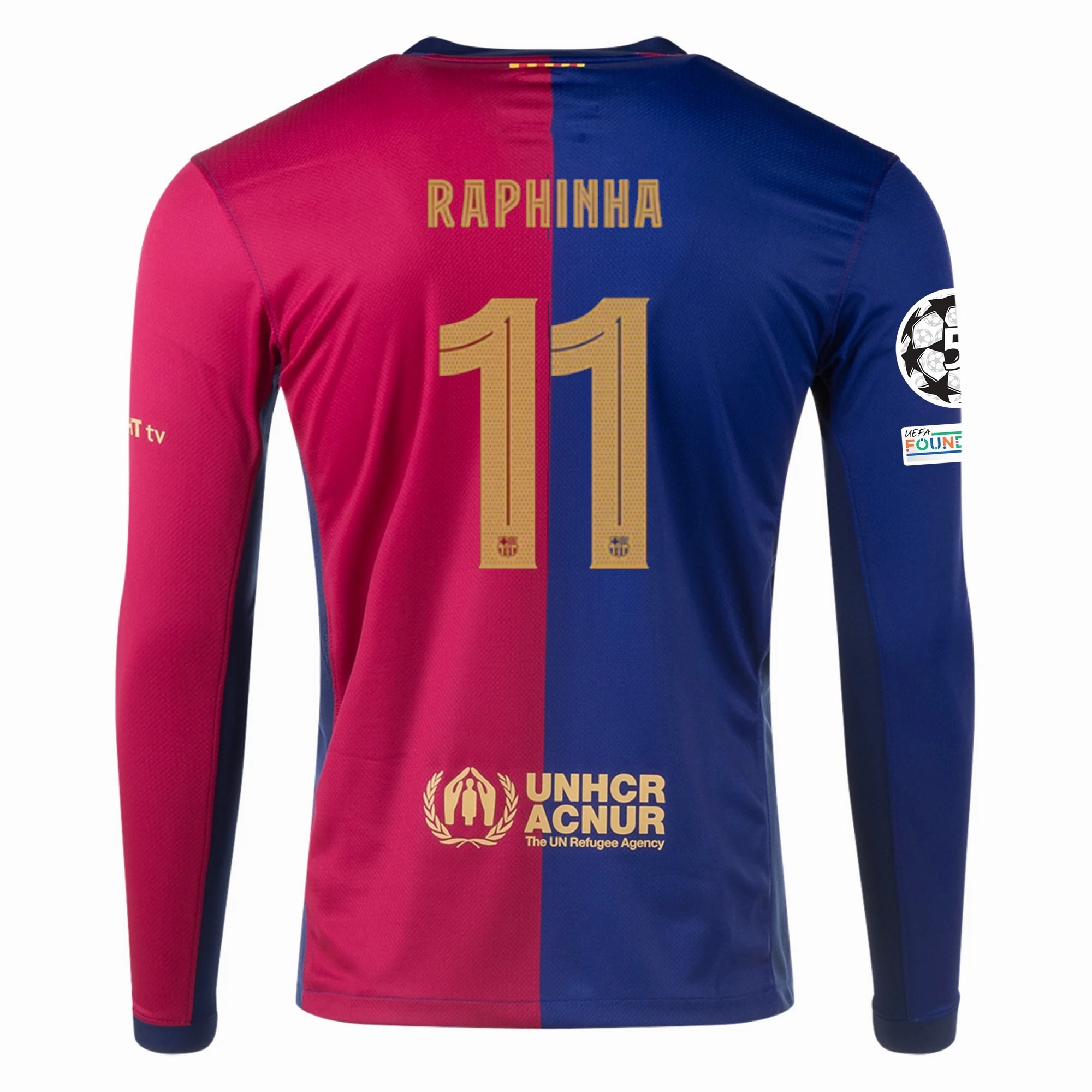 Nike Barcelona Raphinha Home Long Sleeve Jersey w/ Champions League Patches 24/25 (Royal/Nobel Red/Club Gold) Muscle Motion Shape Retention Fabric