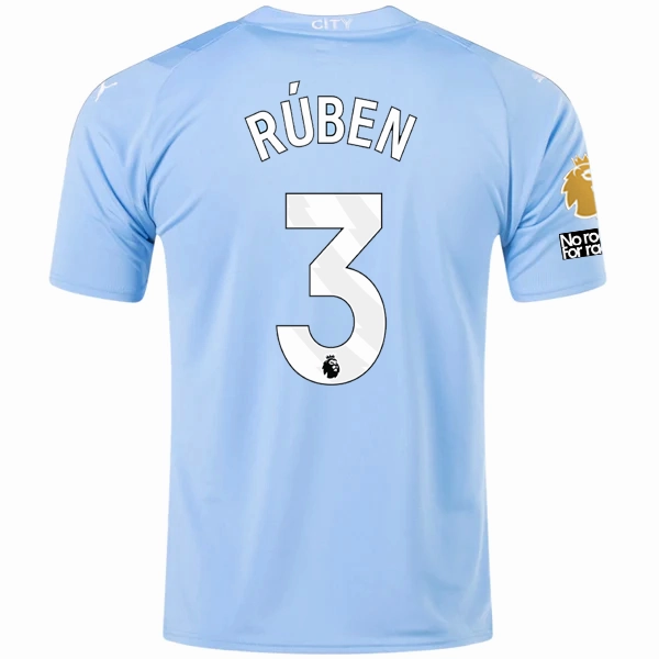 Wrinkle Resistant Finish Heat Control Puma Manchester City Ruben Dias Home Jersey w/ EPL   No Room For Racism   Club World Cup Patches 23/24 (Team Light Blue/Puma White)