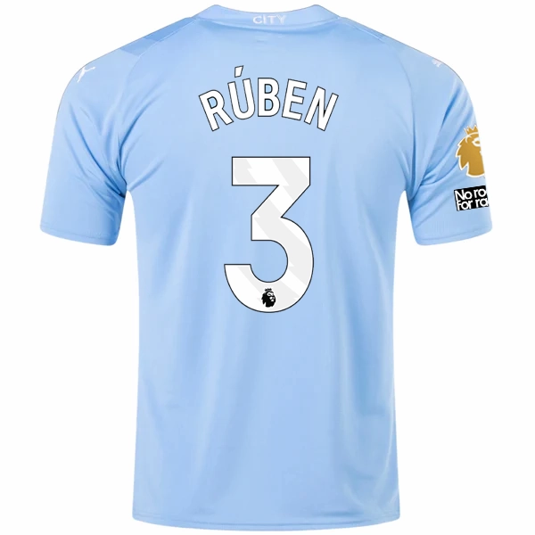 Puma Manchester City Ruben Dias Home Jersey w/ EPL   No Room For Racism   Club World Cup Patches 23/24 (Team Light Blue/Puma White) Lightweight Fit