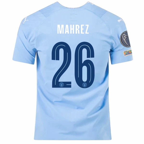 Moisture Transfer Bonded Seamless Puma Manchester City Authentic Riyad Mahrez Home Jersey w/ Champions League   Club World Cup Patches 23/24 (Team Light Blue/Puma White)
