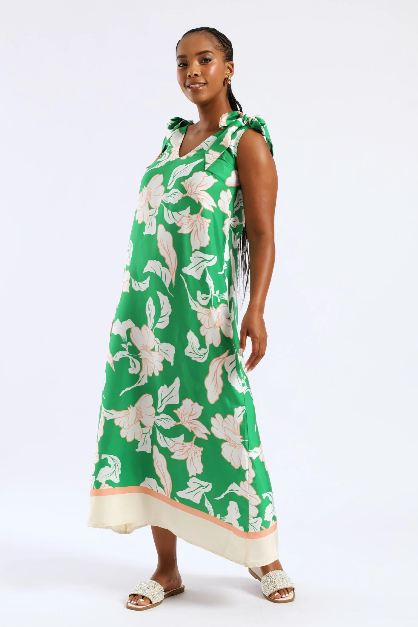 Bow Ties V-Neck Border Print Midaxi Dress - White/Green Playful touch