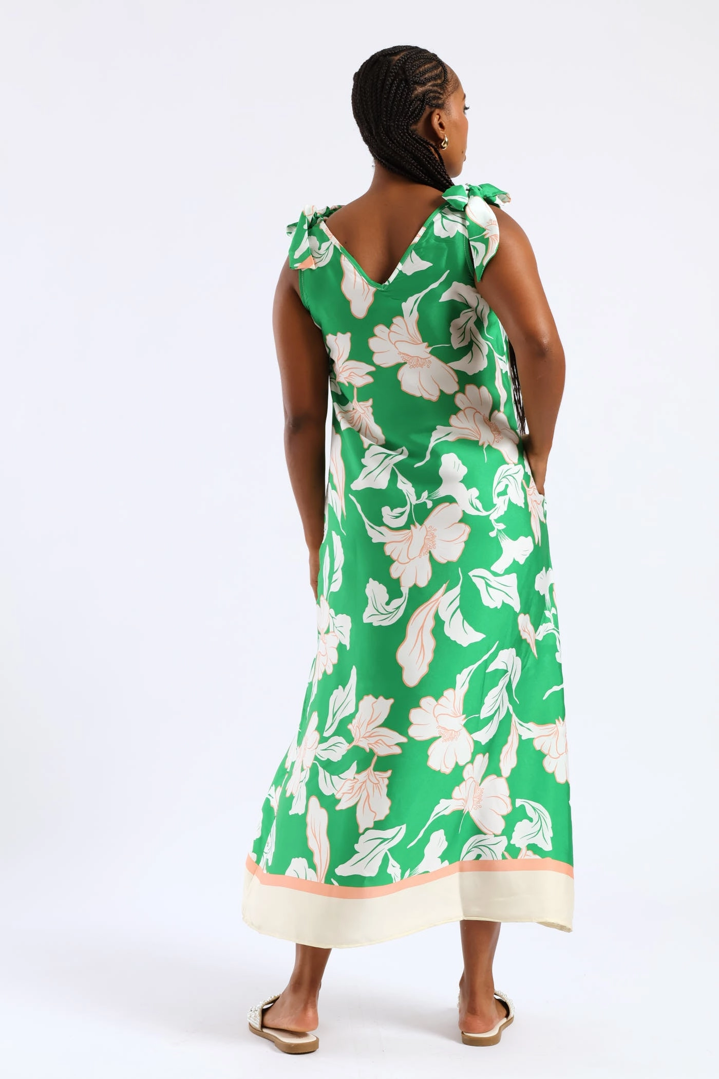 Minimalist Look Relaxed Line Bow Ties V-Neck Border Print Midaxi Dress - White/Green