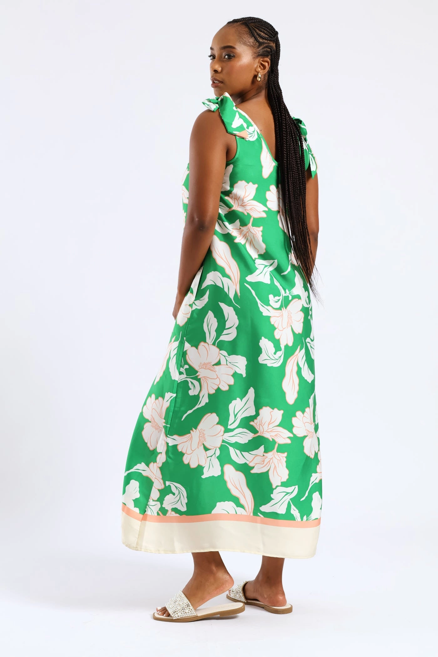 Bow Ties V-Neck Border Print Midaxi Dress - White/Green Magnetic-Closure