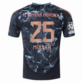 Lightweight Lining Customizable Fit System adidas Bayern Munich Authentic Thomas Muller Away Jersey w/ Champions League Patches 24/25 (Black/Copper/Blue)