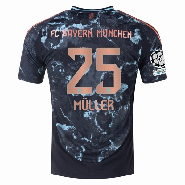 Contoured Ergonomic Fit adidas Bayern Munich Authentic Thomas Muller Away Jersey w/ Champions League Patches 24/25 (Black/Copper/Blue)