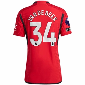 Easy Stretch Flatlock Seam Technology adidas Manchester United Authentic Donny van de Beek Home Jersey 23/24 w/ EPL   No Room For Racism Patches (Team College Red)
