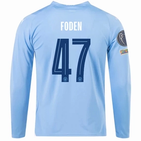 Cozy Comfort Weekend Wear Puma Manchester City Phil Foden Home Long Sleeve Jersey w/ Champions League   Club World Cup Patches 23/24 (Team Light Blue/Puma White)