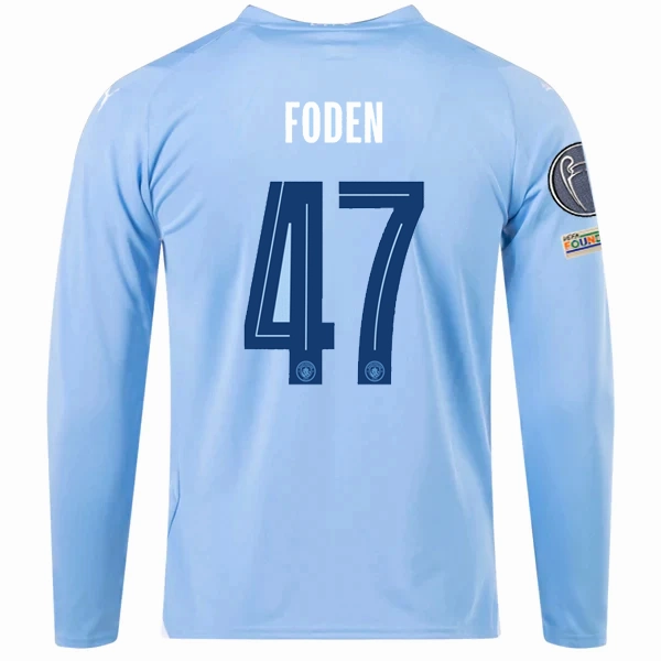 Puma Manchester City Phil Foden Home Long Sleeve Jersey w/ Champions League   Club World Cup Patches 23/24 (Team Light Blue/Puma White) Layered Look Design Flatlock stitching