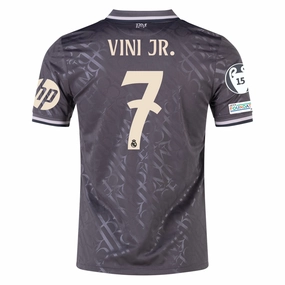 Comfort Stretch Quick Action adidas Real Madrid Vini Jr. Third Jersey w/ Champions League Patches   HP Sponsor 24/25 (Charcoal)