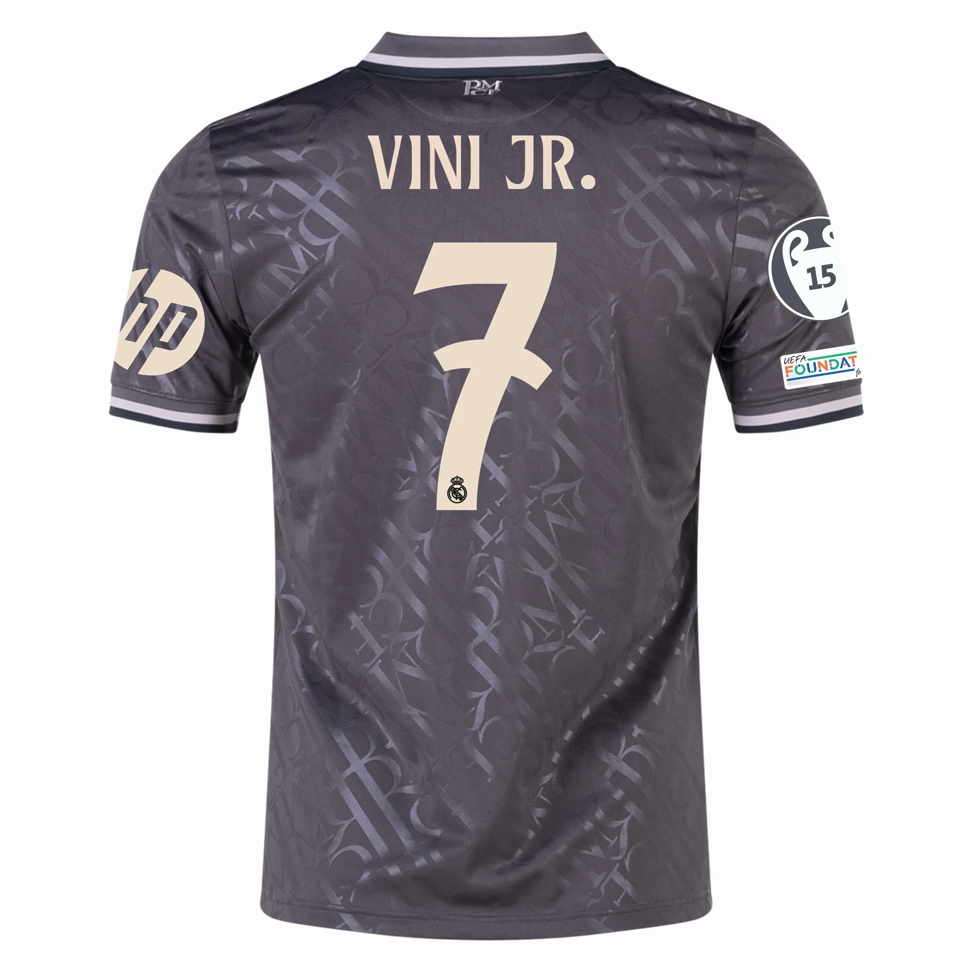 Comfort Stretch Quick Action adidas Real Madrid Vini Jr. Third Jersey w/ Champions League Patches   HP Sponsor 24/25 (Charcoal)