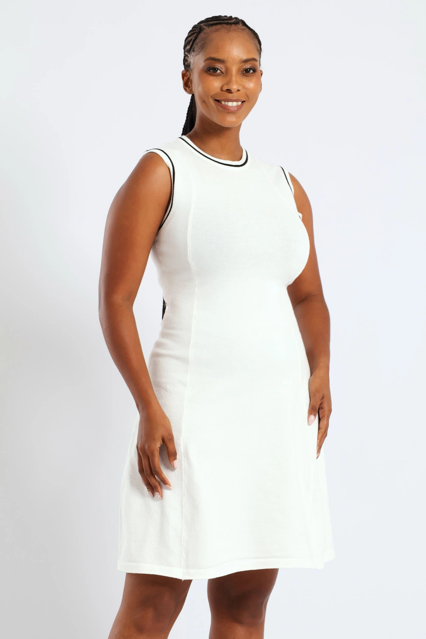 Panelled Tipped Skater Knitwear Dress - Cream Stylish Vibe Snag-Resistant