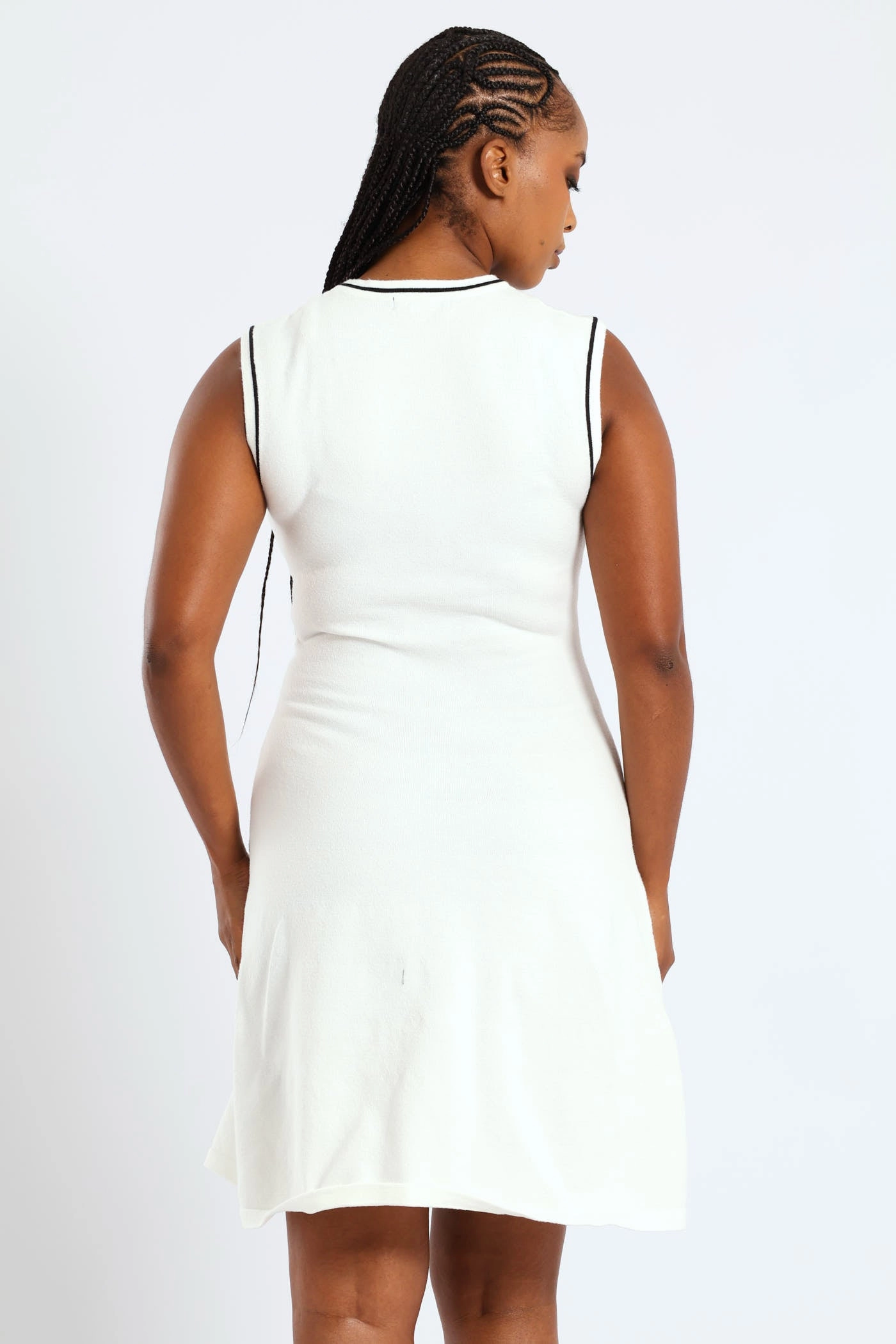 Elegant Flow Subtle-Print Panelled Tipped Skater Knitwear Dress - Cream