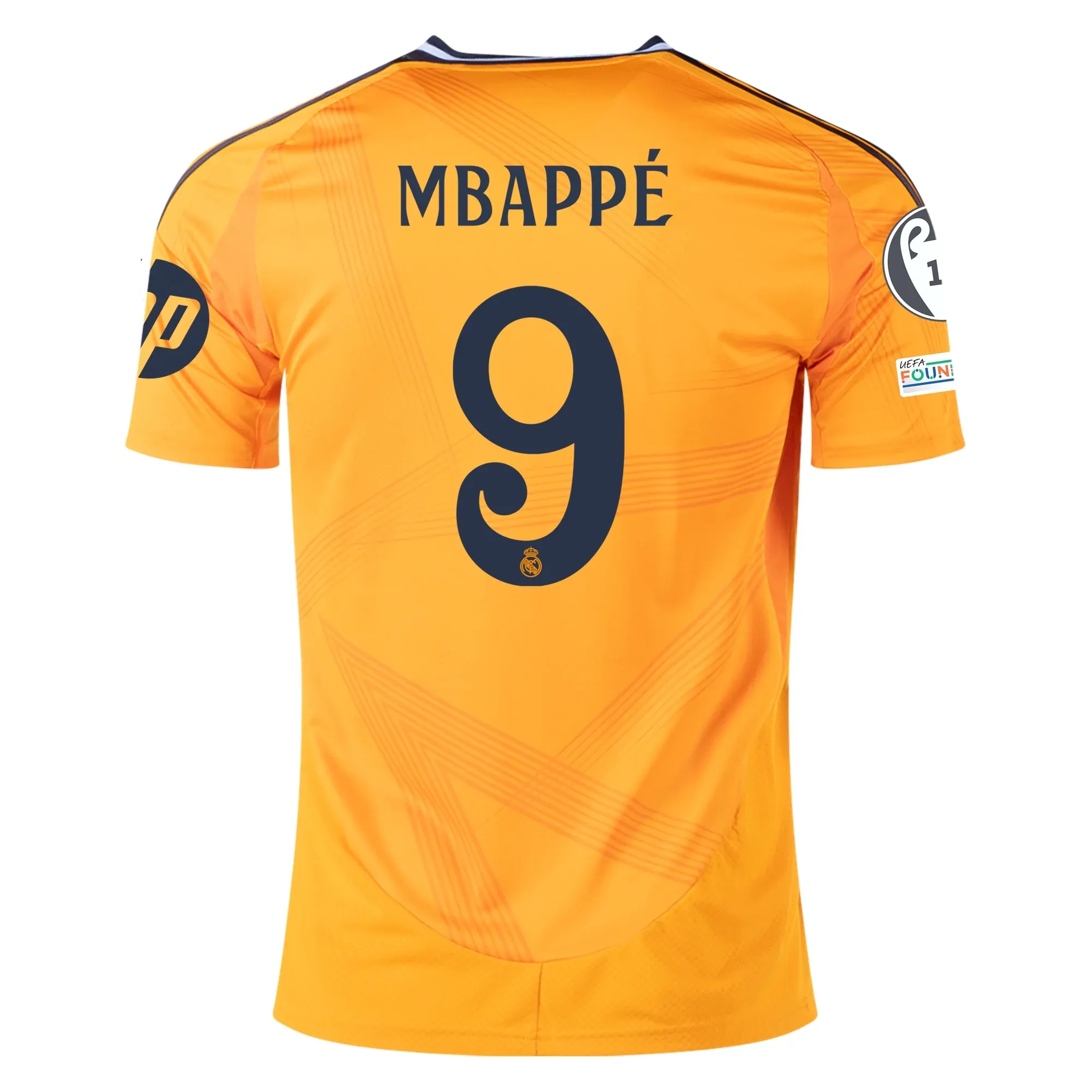 Multifunctional Performance Blend Action Performance adidas Real Madrid Kylian Mbappe Away Jersey w/ Champions League Patches 24/25 (Crew Orange)