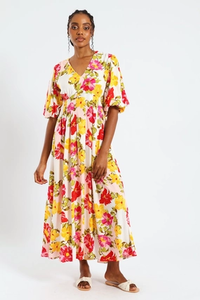 Fall Fashion Classic Fit Bubble Sleeve V-Neck Pleat Detail Midaxi Dress