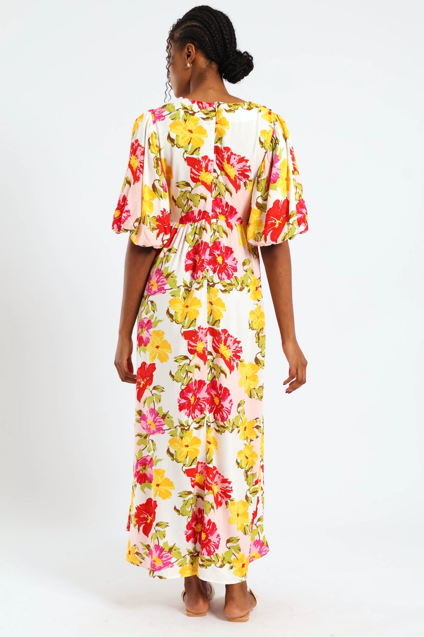 Bubble Sleeve V-Neck Pleat Detail Midaxi Dress Non-Iron