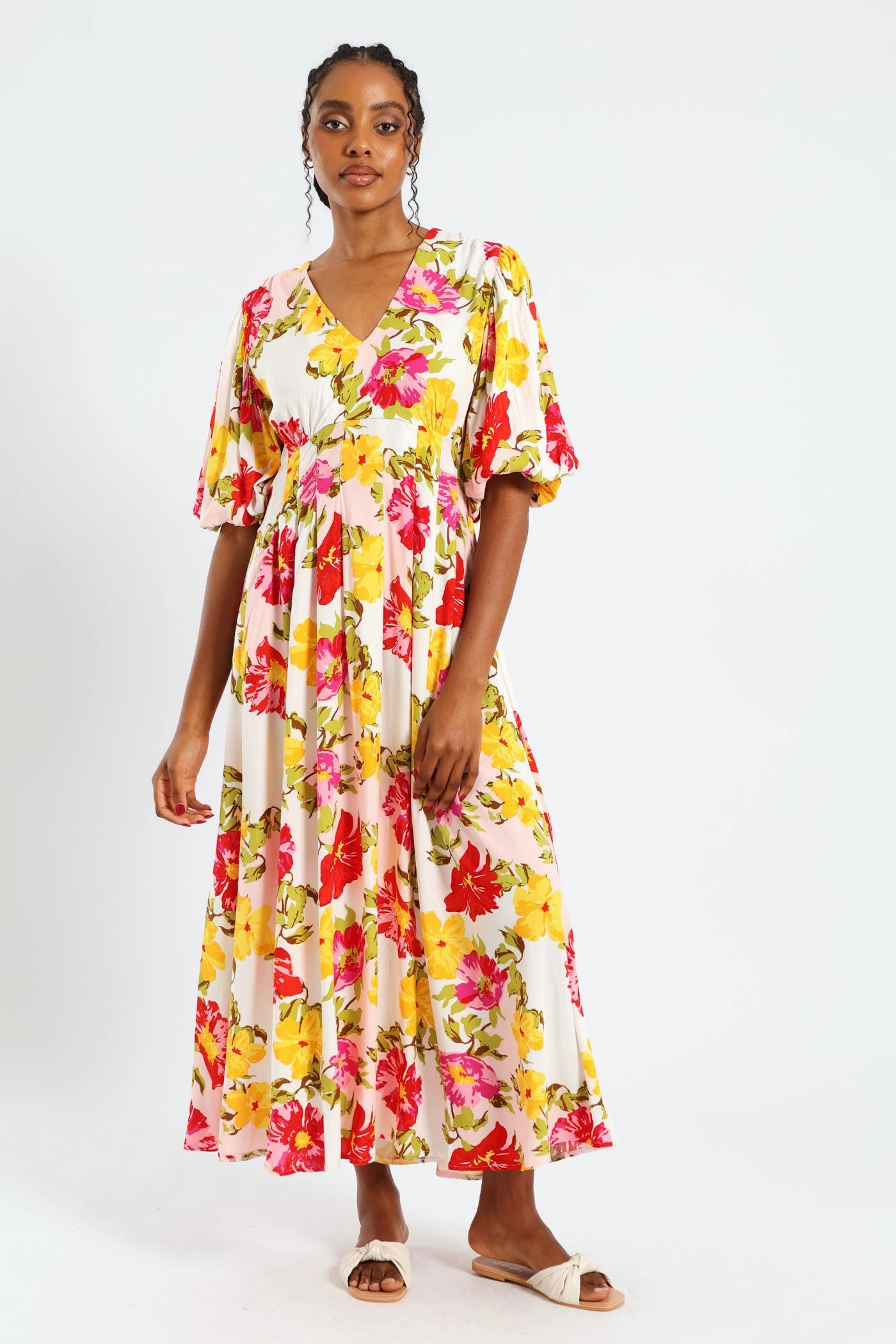 Fall Fashion Classic Fit Bubble Sleeve V-Neck Pleat Detail Midaxi Dress