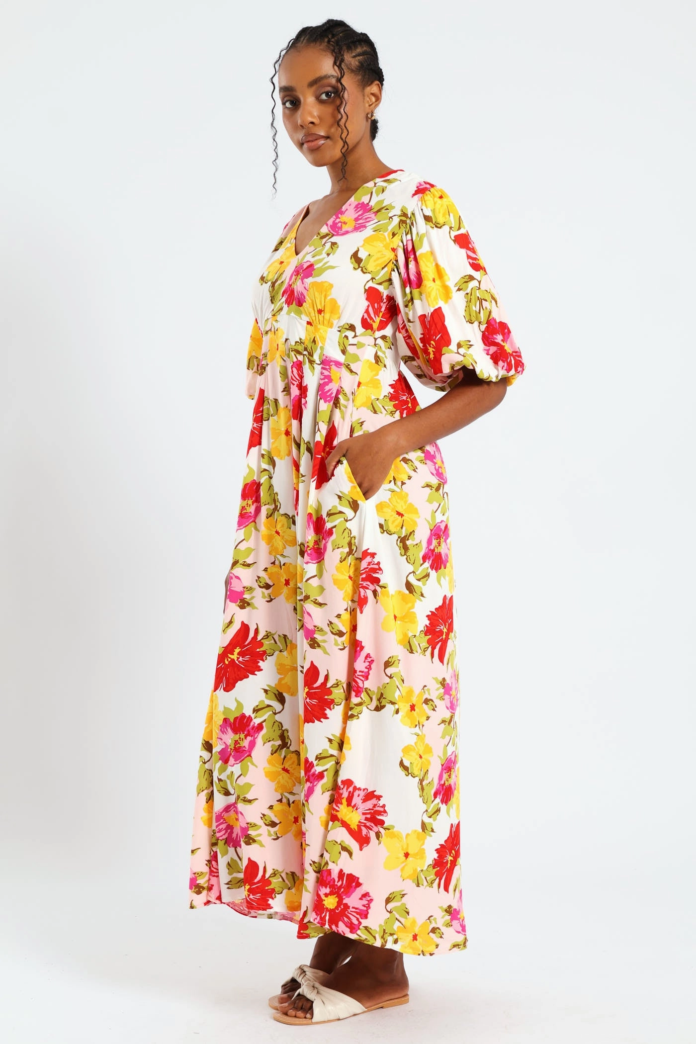 Bubble Sleeve V-Neck Pleat Detail Midaxi Dress Feminine Style Timeless fitted silhouette