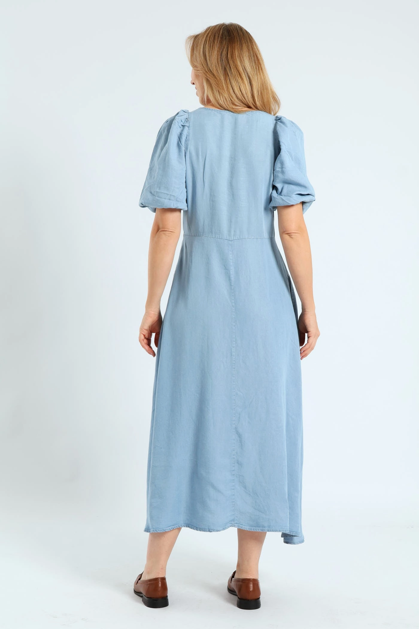 Bubble Sleeve V-Neck Pocket Midaxi Dress - Light Wash Pure Comfort Natural Layers