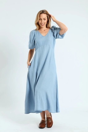 Bubble Sleeve V-Neck Pocket Midaxi Dress - Light Wash Chilly Day Wear