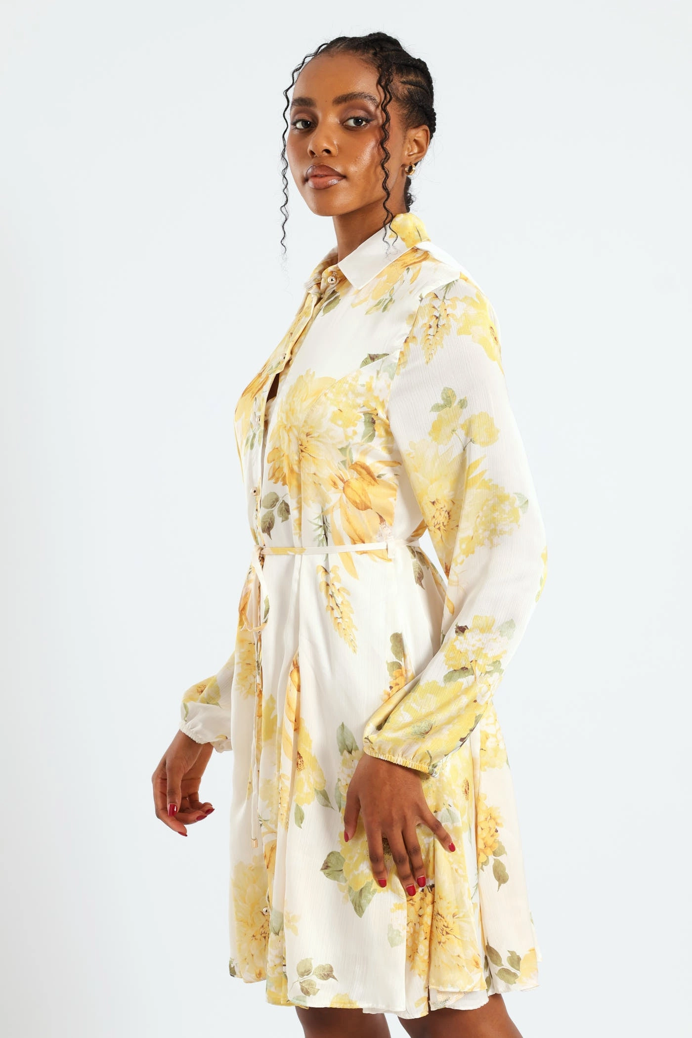 Light and Comfortable Wear Button Through Belted Godet Tea Dress - Cream