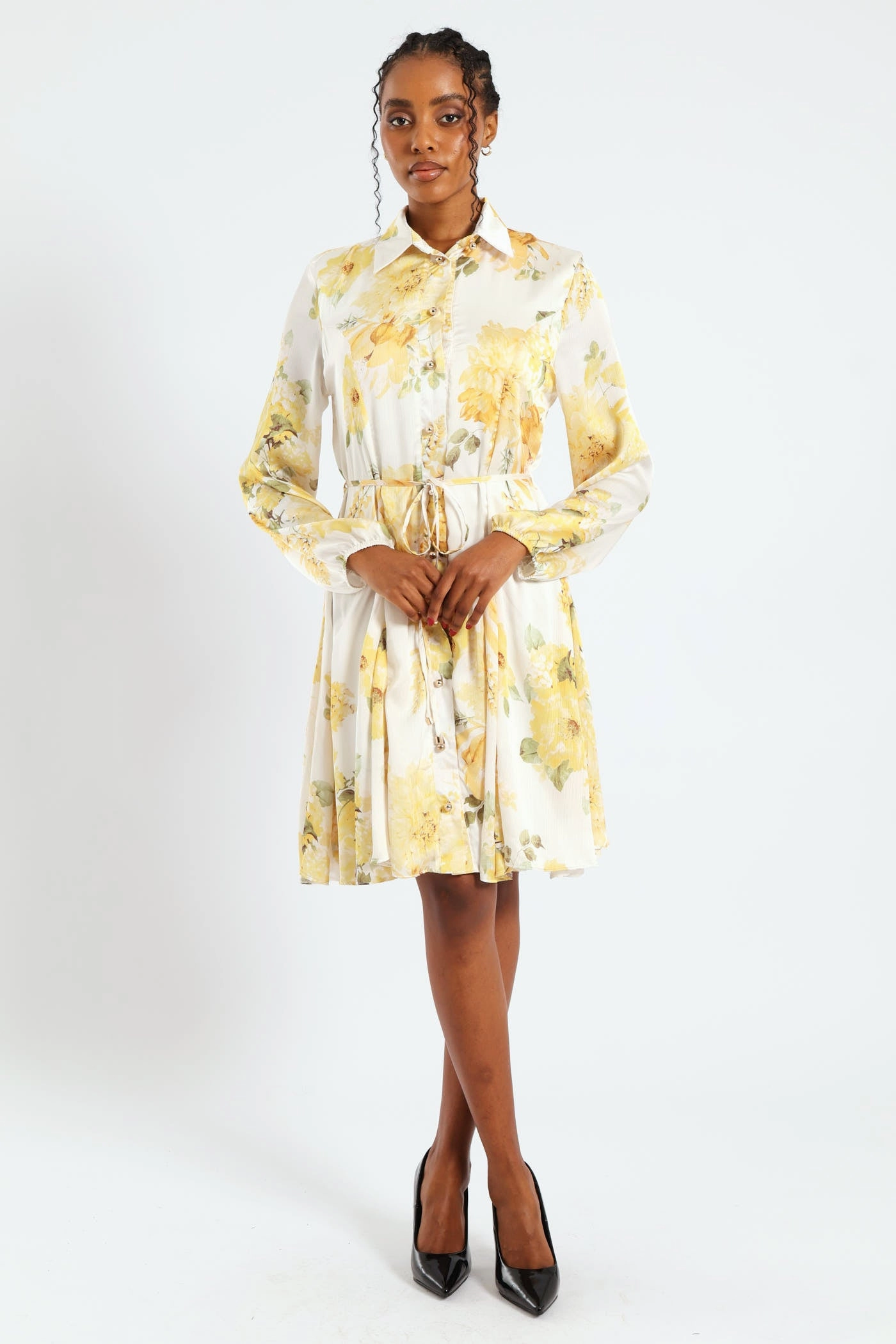 Silky Mood Transitional-Wear Button Through Belted Godet Tea Dress - Cream