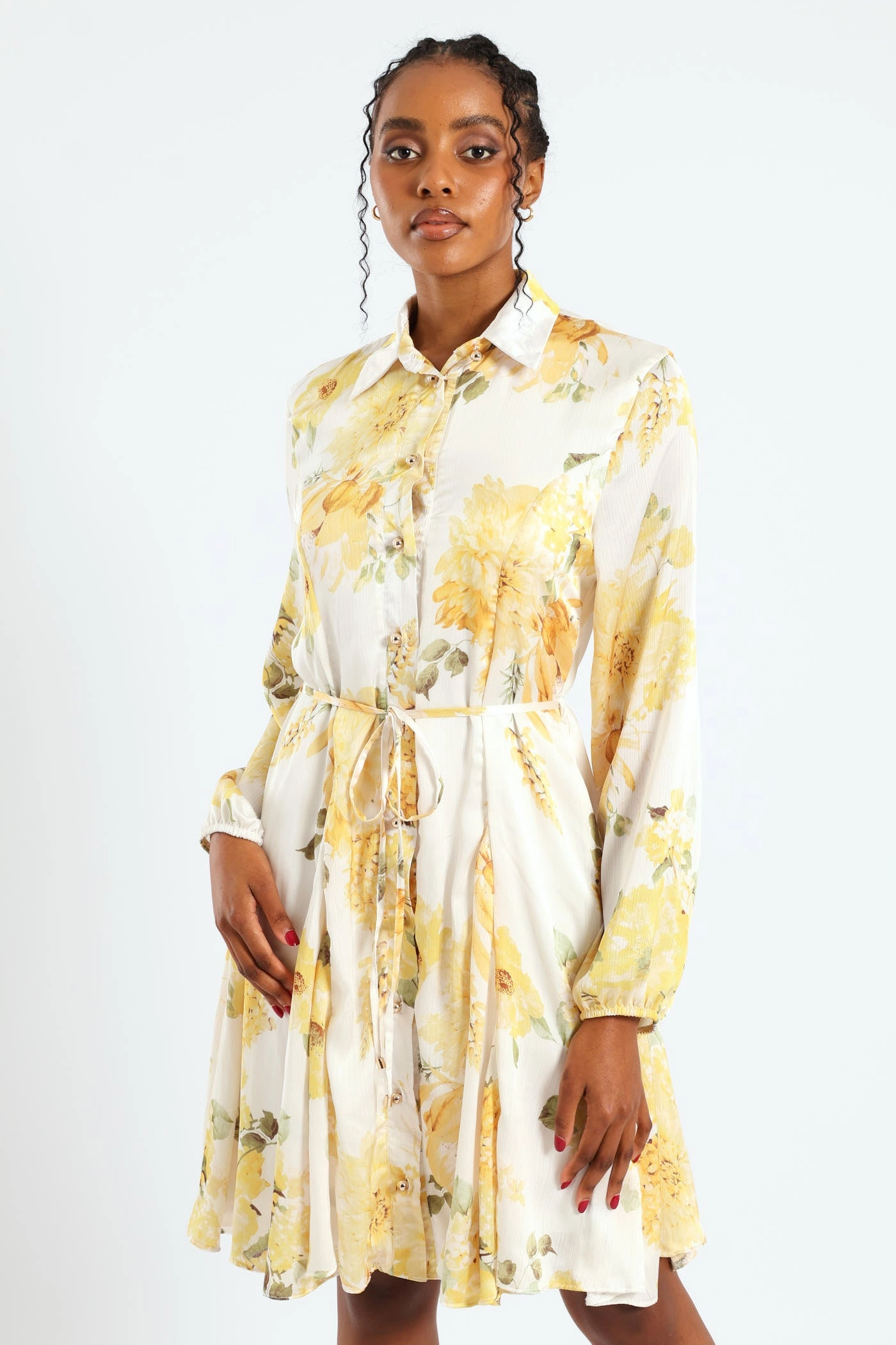 Button Through Belted Godet Tea Dress - Cream Casual Tones